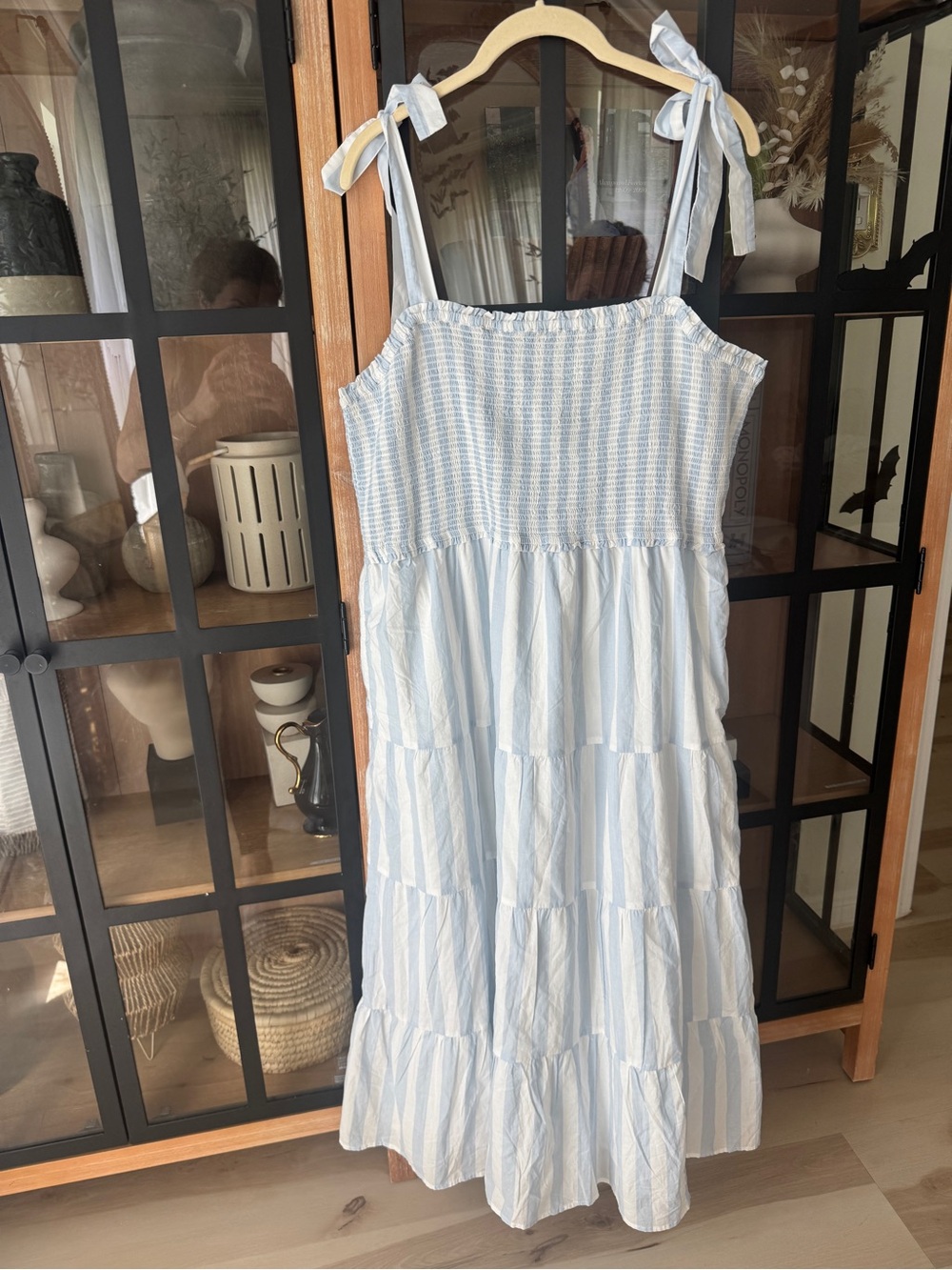 NWT J. Crew smocked midi dress tie shoulder bows striped pockets coastal cotton